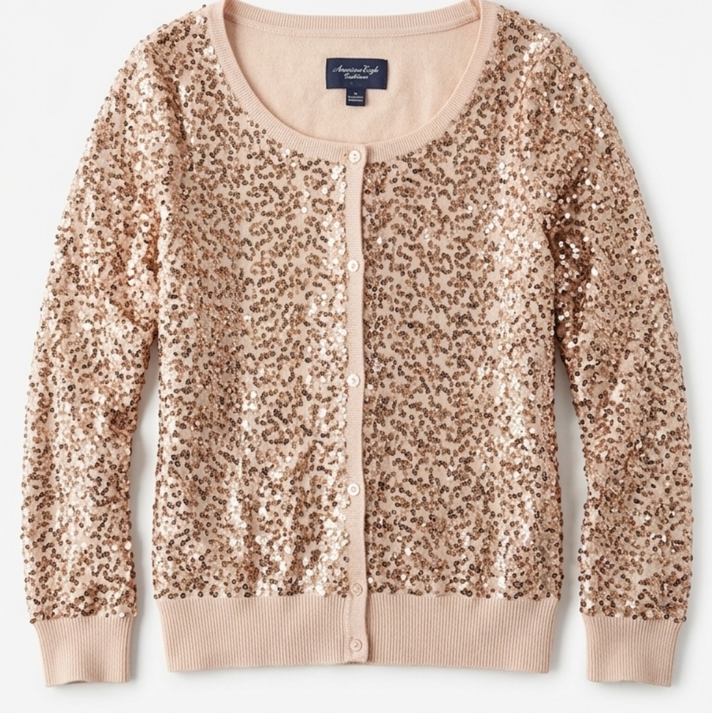 American Eagle Rose Gold Sequin Cardigan Sweater Blush Pink Holiday Party Sz S